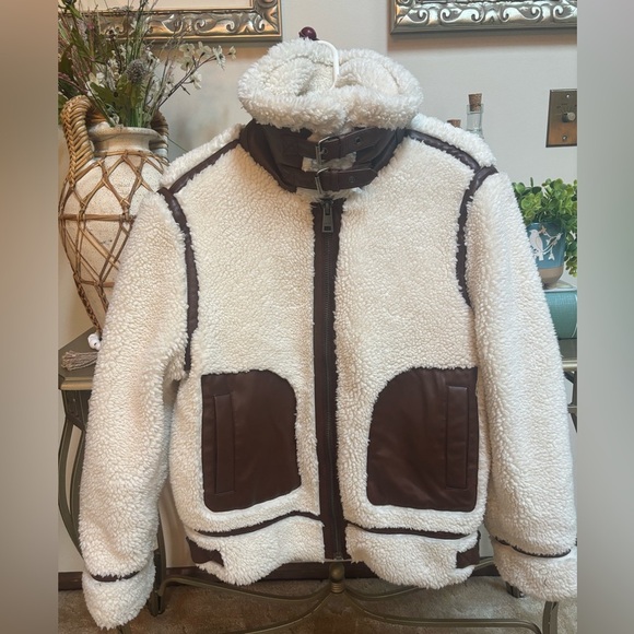 LEVI’S FAUX SHERPA & LEATHER DETAIL MOTO COAT TEDDY BEAR JACKET WHITE BROWN SZ L - Picture 3 of 12